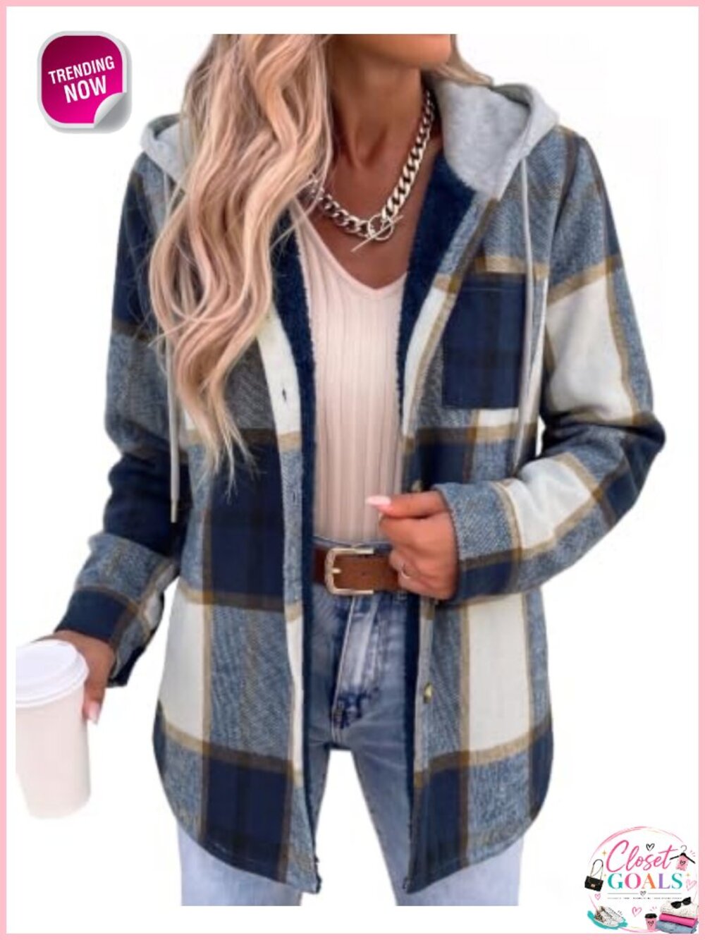 Zeagoo Women Plaid Fleece Shacket Hooded Button Down Winter Coat